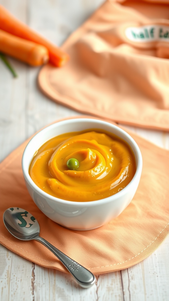 Nutritious Chicken and Vegetable Puree for 7-Month-Olds Smooth chicken and vegetable puree in a colorful bowl with a tiny spoon, perfect for a 7-month-old baby.